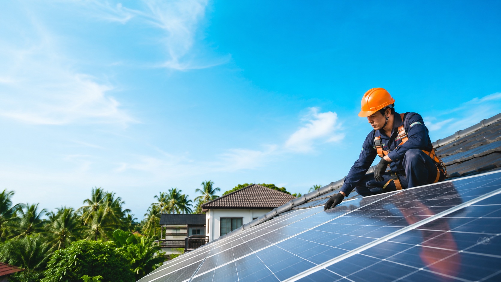 ทีมช่าง SunPower Pro กำลังติดตั้งแผงโซลาร์เซลล์บนหลังคาบ้านใต้ท้องฟ้าสีฟ้า